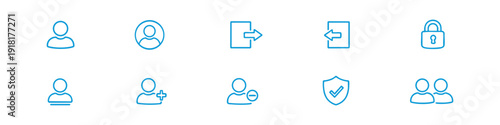 Set of user account and security line icons including login, logout, profile, lock, shield, and team. Clean minimalist vector design for web and apps.