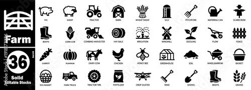 Farm icons collection barn tractor animals rural elements vector illustration.