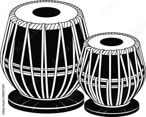 Indian tabla drum pair silhouette with traditional classical percussion instrument isolated on white background cultural vector illustration