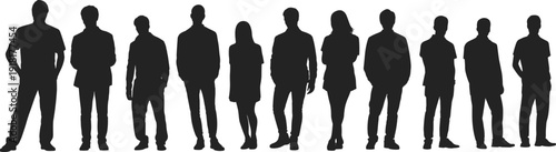 Large business team silhouettes, corporate men and women standing together, professional office workforce group, black isolated figures, teamwork concept
