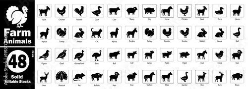 Farm animals icons, a diverse collection for agriculture themes, vector illustration.