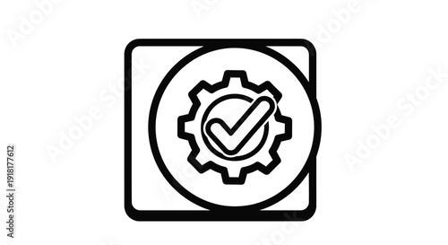 Black and white icon of a gear with a checkmark inside a rounded square
