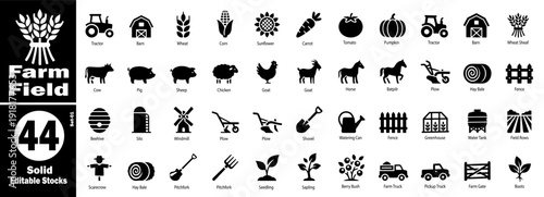 Solid farm field silhouettes set. Featuring tractor barn crops vector illustration.
