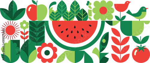 Abstract Geometric Nature Illustration Featuring Watermelon Apple Tomato and Garden Elements