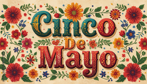 A vibrant Cinco De Mayo celebration graphic with colorful flowers and text