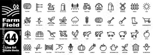 Farm field agriculture line art icons collection, farming process symbols vector illustration.