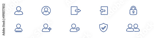 Set of user account and security line icons including login, logout, profile, lock, shield, and team. Clean minimalist vector design for web and apps.