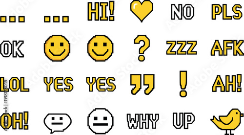 Pixel Art Chat Icon Set with Retro Gaming Style Emojis Text Slang and Speech Bubbles