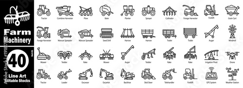 Farm machinery line art editable stocks set vector illustration.