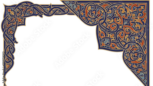 Vibrant Islamic Arabesque Corner Border with Intricate Swirls in Blue, Gold, and Red