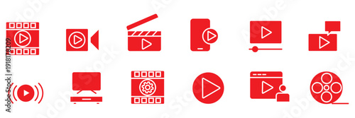 Linear cinema icon collection set. Editable stroke movie and film web icons in line style. Includes popcorn, 3D, VR, video, movie theater, ticket, director, soundtrack, and more, digital media