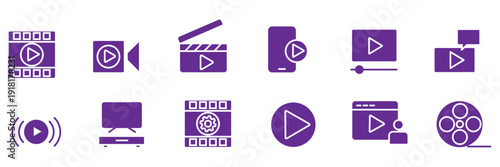 Linear cinema icon collection set. Editable stroke movie and film web icons in line style. Includes popcorn, 3D, VR, video, movie theater, ticket, director, soundtrack, and more, digital media