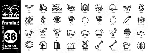 Farming icon set. Agricultural machinery, livestock, and crops vector illustration.