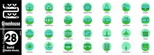 Greenhouse line art icons set, garden structure and plant care vector illustration.
