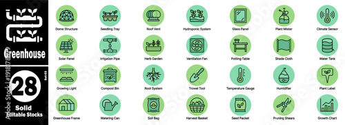 Greenhouse solid outline icons set, gardening tools and equipment vector illustration.