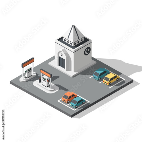Isometric gas station with cars parked and a modern building structure