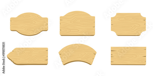 Wooden sign board collection with various shapes and wood grain texture. Vector set of blank rustic timber plaques, banners and pointers isolated on transparent  background for message or menu.