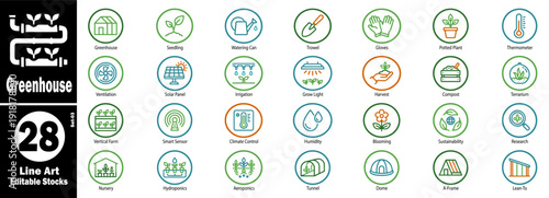 Greenhouse line art icons set, cultivation, control, and structures vector illustration.
