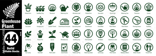 Greenhouse plant solid icons set. Editable stock vector illustration.