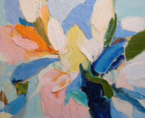 Wallpaper Mural Una vibrante pintura al óleo floral abstracta que presenta una textura gruesa de espátula y trazos de color audaces y en capas en azul, rosa, amarillo y verde, que evocan energía, movimiento  Torontodigital.ca