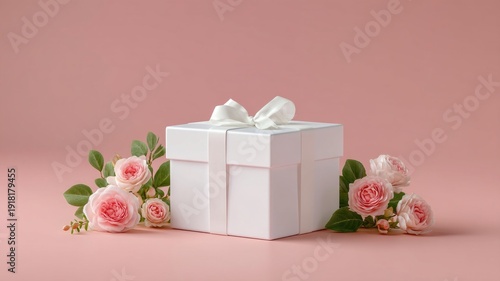 A white box with a bow on top of a pink background