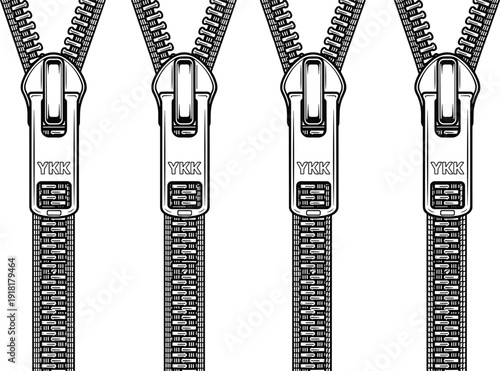 Metal zipper close up illustration with detailed teeth and slider isolated on white background fashion accessory vector design