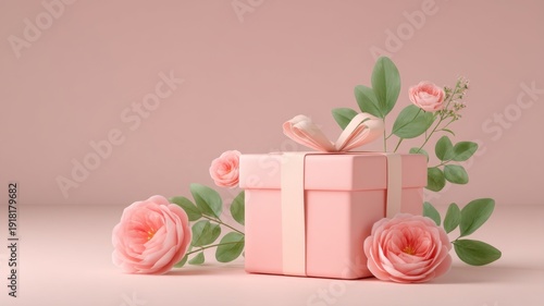 A pink box with a ribbon and flowers on top of it