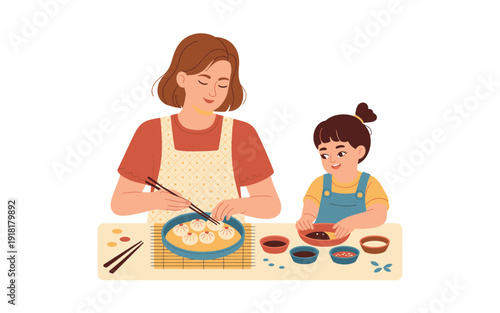 A mother and daughter cooking together in a kitchen with a warm and inviting atmosphere