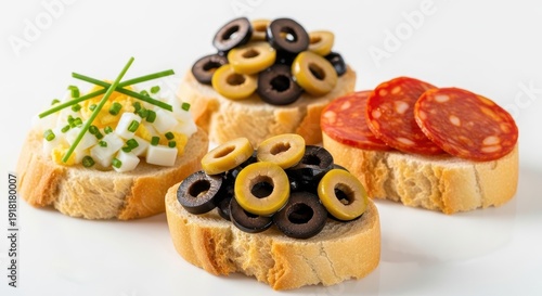 Tasty bread slices topped with olives and various ingredients on a table