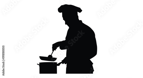 Silhouette of a chef cooking with a pot and ladle against a white background