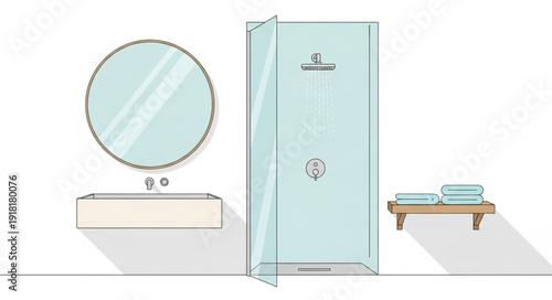 Modern Bathroom Interior with Shower and Sink.