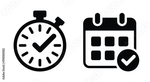 Black and white icons depicting a stopwatch with a checkmark and a calendar with a checkmark, symbolizing time management and successful scheduling.