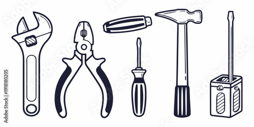 A collection of various tools including wrenches, pliers, and hammers.