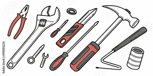 Assorted hand tools and equipment laid out on a white background