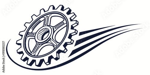 A mechanical gear with a dynamic motion trail symbolizing progress and innovation