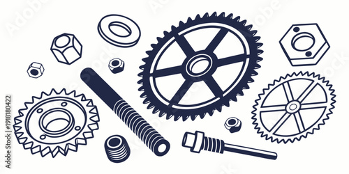 Assorted mechanical components including gears, shafts, and bearings