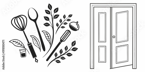 Illustration of cooking utensils and a door with a window