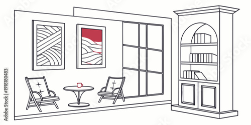 A cozy corner with a bookshelf, table, and chairs for relaxation and reading