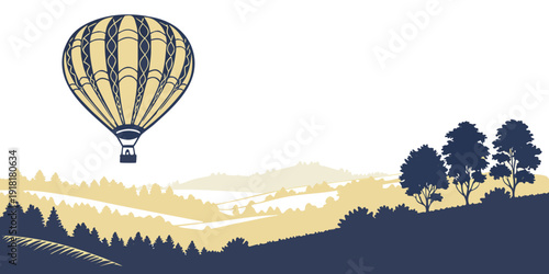 A hot air balloon floating over a picturesque landscape with trees and mountains