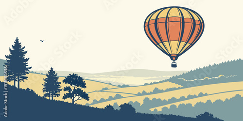 A vibrant hot air balloon soaring over a picturesque landscape at sunset