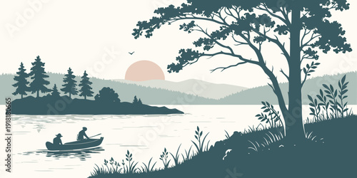 A serene sunset over a tranquil lake surrounded by lush trees and a small island