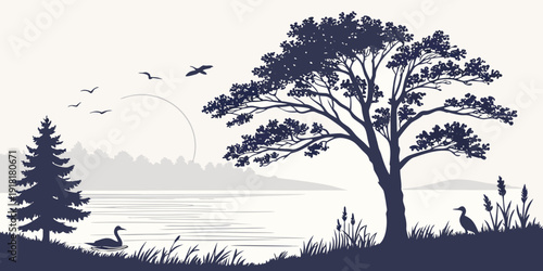 Silhouette of trees and birds against a serene sunset landscape with mountains