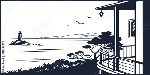 A serene seaside scene with a lighthouse in the distance and a balcony overlooking the ocean.