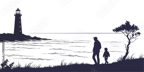 Silhouette of a parent and child walking towards a lighthouse on a beach