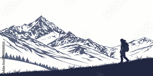 A lone hiker stands atop a mountain peak, overlooking a vast range of peaks.