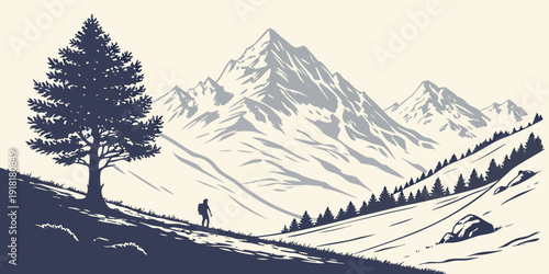 A lone tree stands tall on a snow-covered mountain peak with a hiker in the distance.