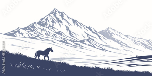 A solitary horse gallops across a vast, snow-covered landscape with a majestic mountain in the background.