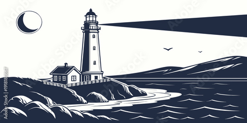 A solitary lighthouse stands tall on a rocky coast under a stormy sky.