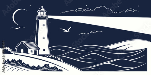 A serene lighthouse standing tall against the night sky with waves crashing nearby