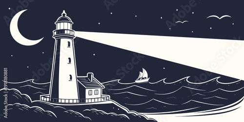 A serene night scene with a lighthouse guiding a boat through the dark waters.